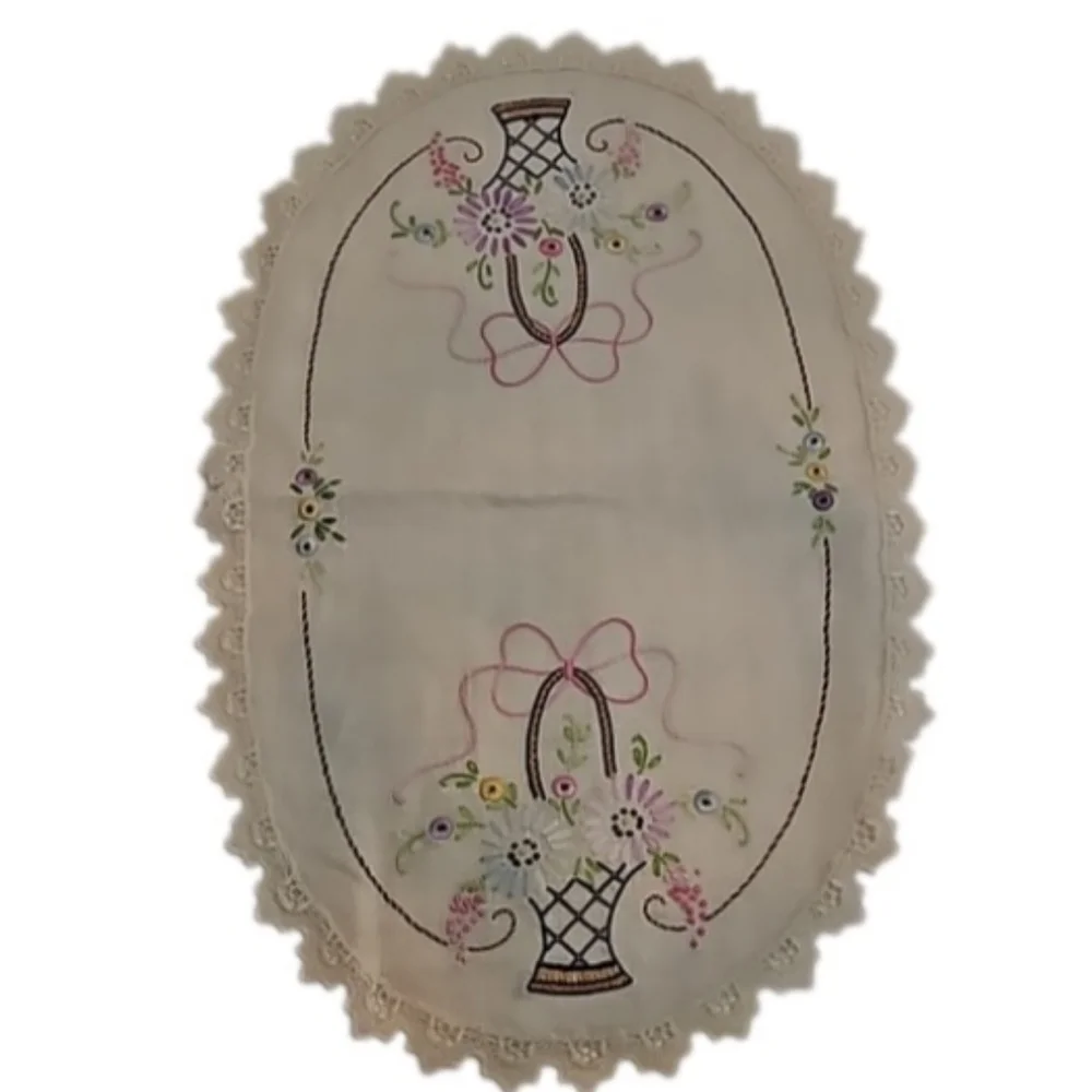 Vintage Hand Stitched Needlepoint Doily Oval Floral